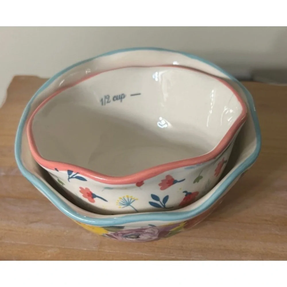 Pioneer Woman Nesting Measuring Bowls Set 2 Floral Stoneware 1 Cup 1/2 Cup